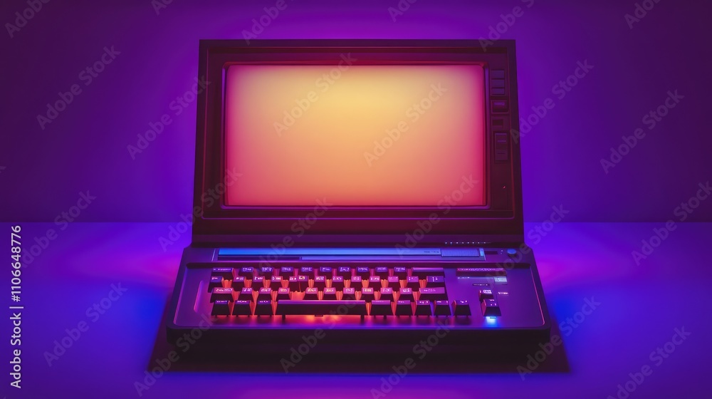 Retro Computer with Bright Colored Screen and Keyboard Glow Retro Computer with Bright Colored Screen and Keyboard Glow
