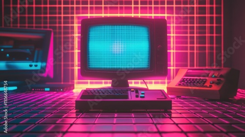 Retro Futuristic Computer Setup with Neon Glow and Grid Background photo