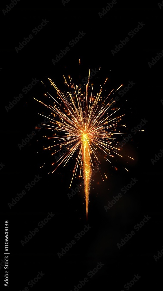 Vibrant golden firework exploding in mid-air against a dark black background with subtle starry night sky effects, golden fireworks, pyrotechnic, night sky, energetic explosion, golden glow Vibrant golden firework exploding in mid-air against a dark black background with subtle starry night sky effects, golden fireworks, pyrotechnic, night sky, energetic explosion, golden glow