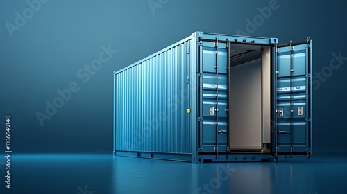 Blue shipping container with open doors on a sleek blue background. photo