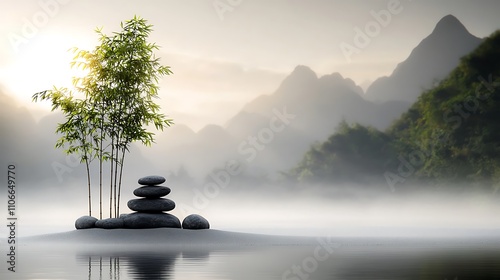 A peaceful Zen garden with carefully placed rocks, raked sand, and bamboo trees, bathed in soft sunlight, creating a serene, minimalist scene, Ultra-Realistic, Photo Realistic, highly detailed, 