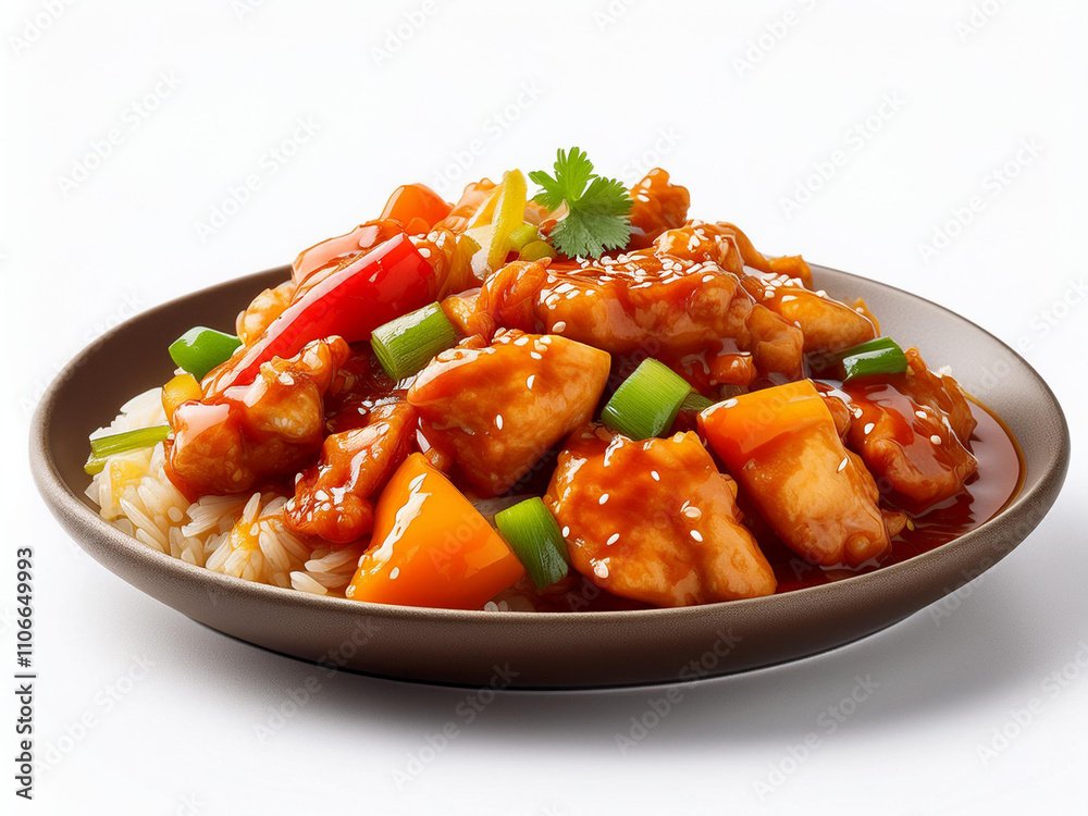 Chinese sweet and sour chicken on a white background