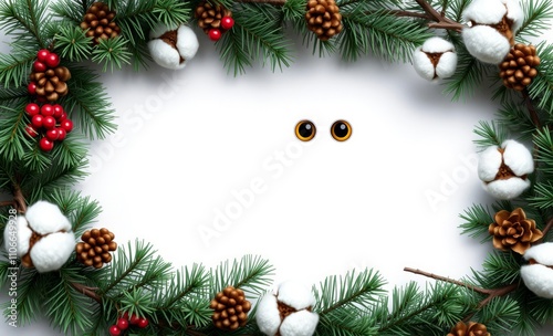 pine branches, cotton balls, pine cones, red berries, eyes peeking, winter theme, festive border, white background, symmetrical arrangement, high detail
 photo