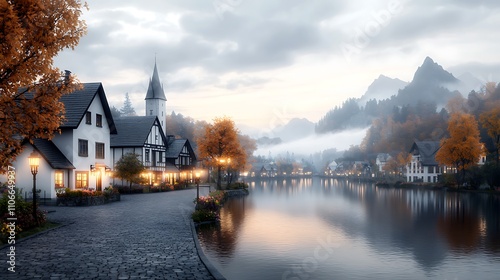 Fototapeta Naklejka Na Ścianę i Meble -  A quiet early morning in a small European village, with cobblestone streets, quaint houses with flower boxes, and a soft golden light bathing the scene. Ultra-Realistic, Photo Realistic, highly 