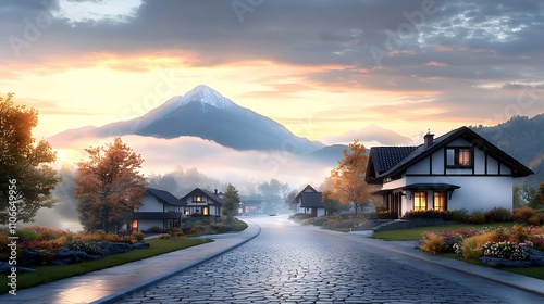 Fototapeta Naklejka Na Ścianę i Meble -  A quiet early morning in a small European village, with cobblestone streets, quaint houses with flower boxes, and a soft golden light bathing the scene. Ultra-Realistic, Photo Realistic, highly 