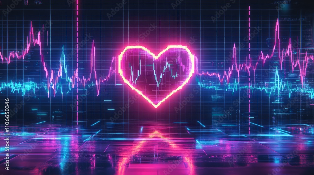 Digital Heartbeat Visualization with Neon Heart and Graph Elements Digital Heartbeat Visualization with Neon Heart and Graph Elements