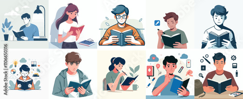 vector set of a teenager reading a book in a simple flat design style