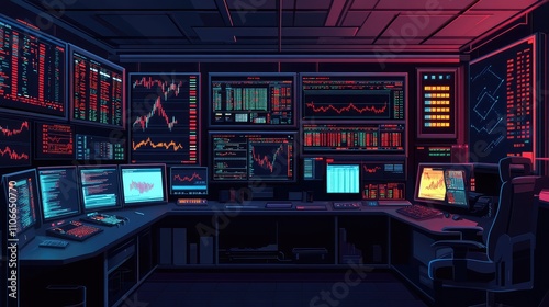 Futuristic Financial Trading Room with Multiple Screens and Graphs