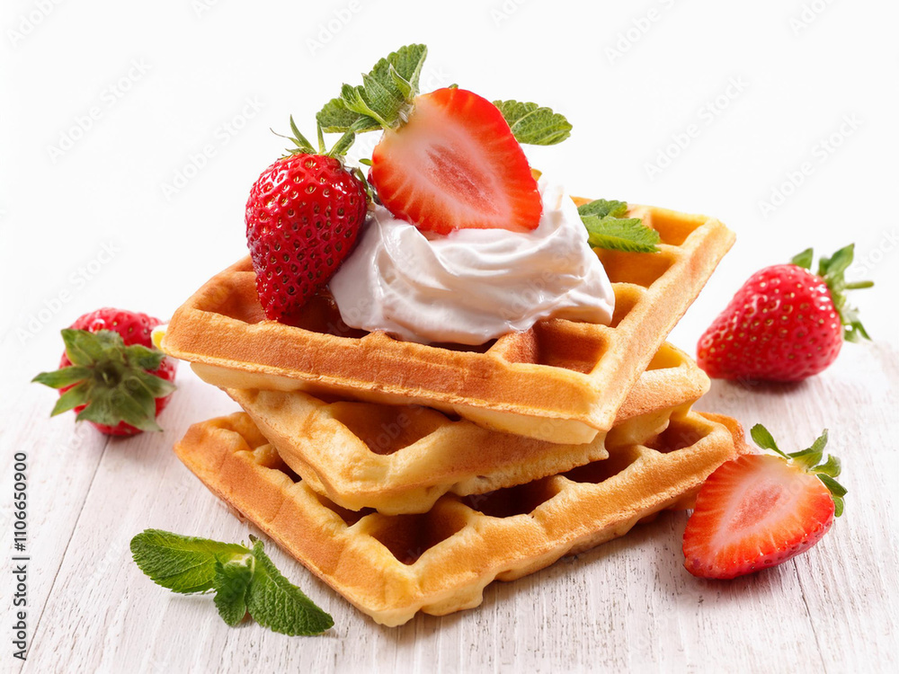 Belgian waffles with strawberries and cream on a white background Belgian waffles with strawberries and cream on a white background