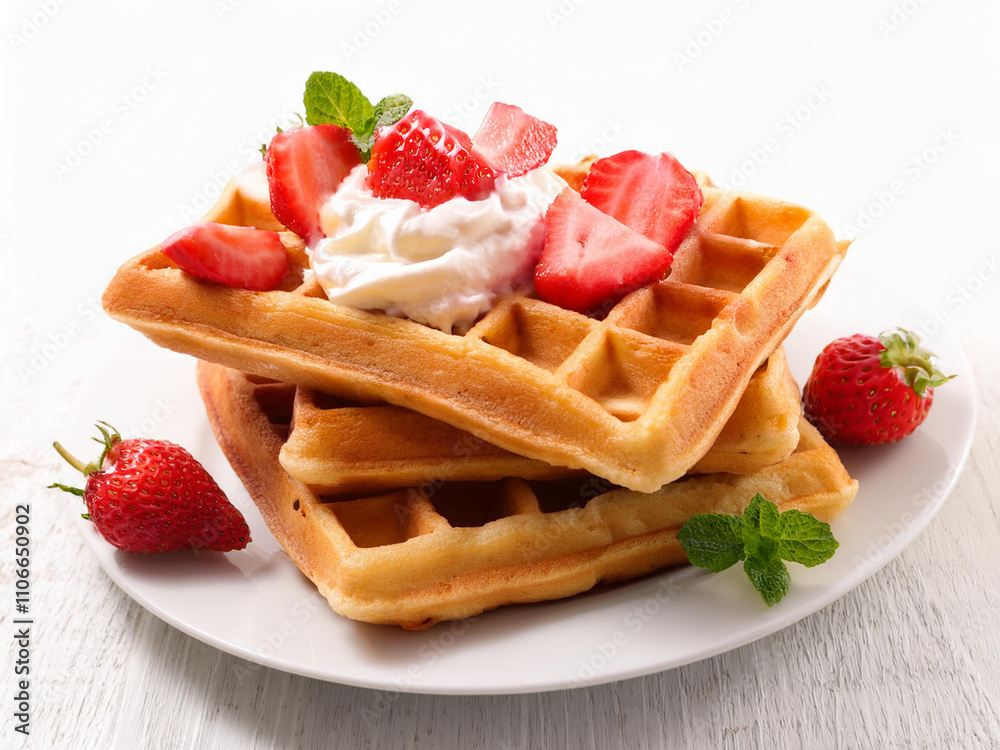 Belgian waffles with strawberries and cream on a white background Belgian waffles with strawberries and cream on a white background