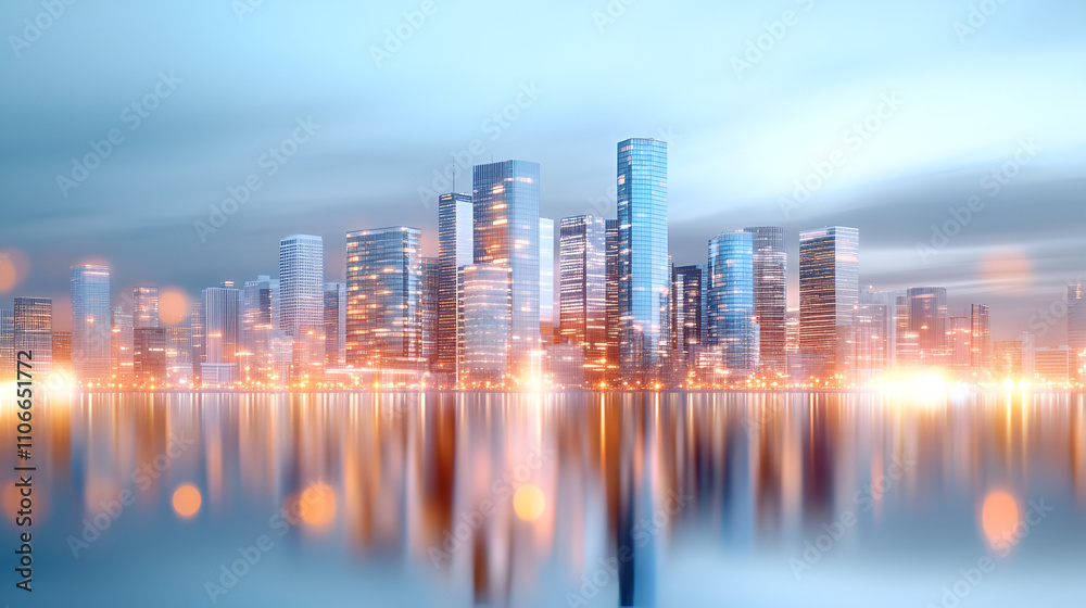 Fototapeta premium Cityscape panorama with skyscrapers reflecting on the water at sunset