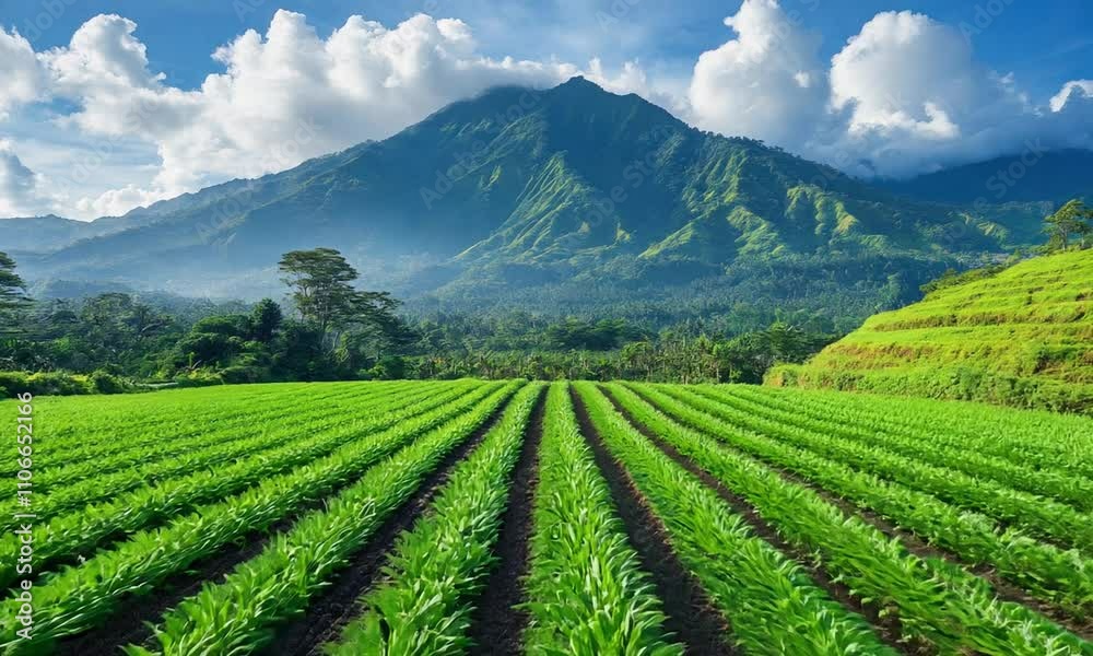 Lush green fields with rows of crops and a majestic mountain backdrop under a blue sky. Lush green fields with rows of crops and a majestic mountain backdrop under a blue sky.