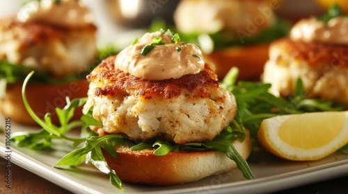 A plate of gourmet sliders featuring mini crab cakes topped with remoulade sauce and arugula, served on brioche buns, Crab cake sliders plate centered