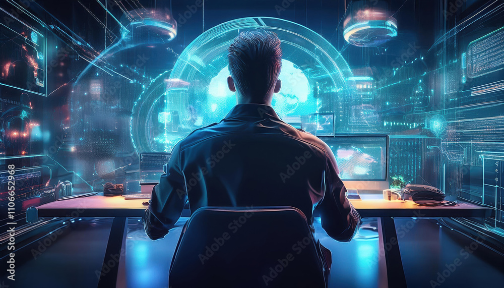 Futuristic workspace with holographic interfaces, young creator brainstorming ideas, immersed in technology and innovation Futuristic workspace with holographic interfaces, young creator brainstorming ideas, immersed in technology and innovation