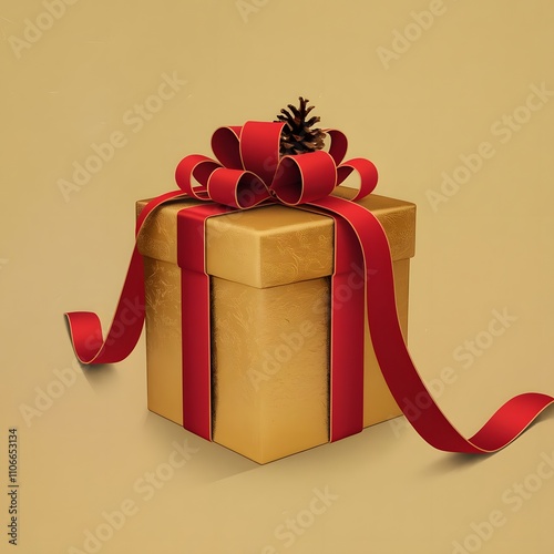 Christmas gift box with red ribbon yellow background photo