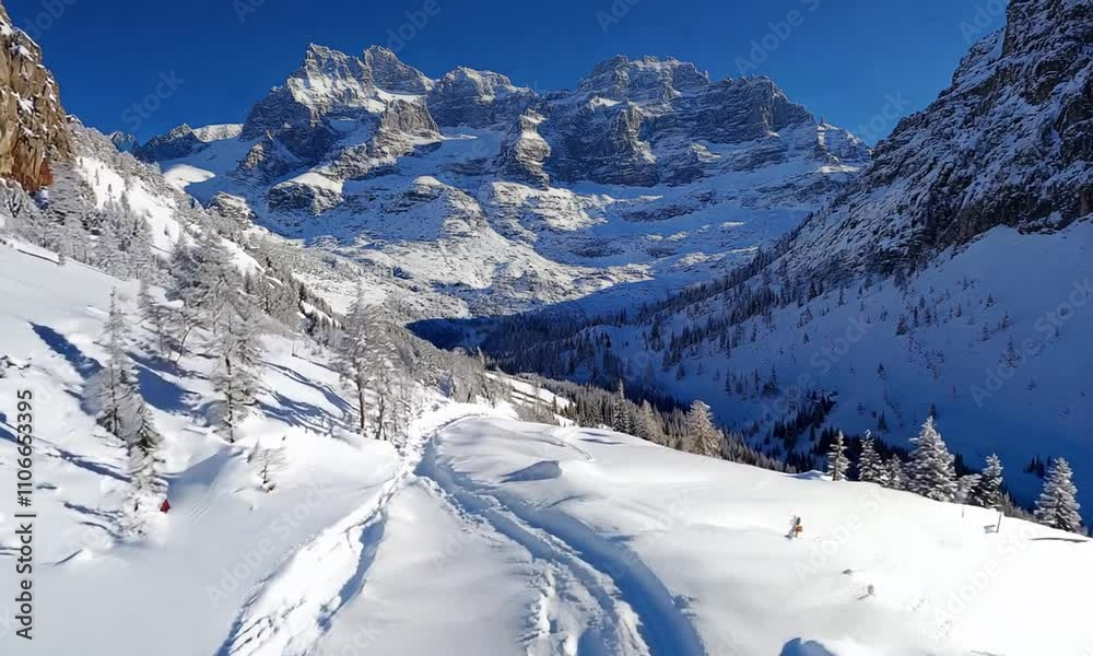 Snow-covered mountain landscape with clear blue sky and visible hiking trail. Snow-covered mountain landscape with clear blue sky and visible hiking trail.