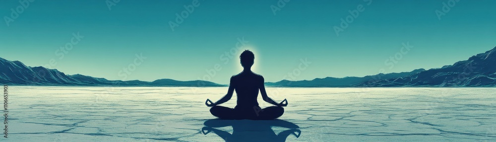 A silhouetted figure meditating on a vast, serene landscape under a clear blue sky. A silhouetted figure meditating on a vast, serene landscape under a clear blue sky.