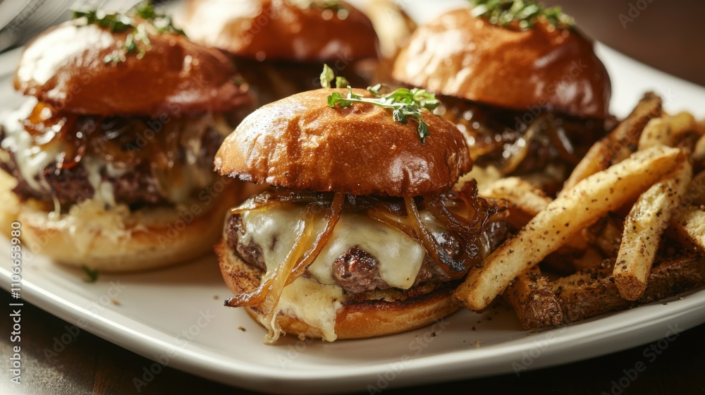 A plate of gourmet sliders made with Wagyu beef and topped with melted cheese and caramelized onions, Sliders on plate, Soft evening sunlight casting a warm glow A plate of gourmet sliders made with Wagyu beef and topped with melted cheese and caramelized onions, Sliders on plate, Soft evening sunlight casting a warm glow