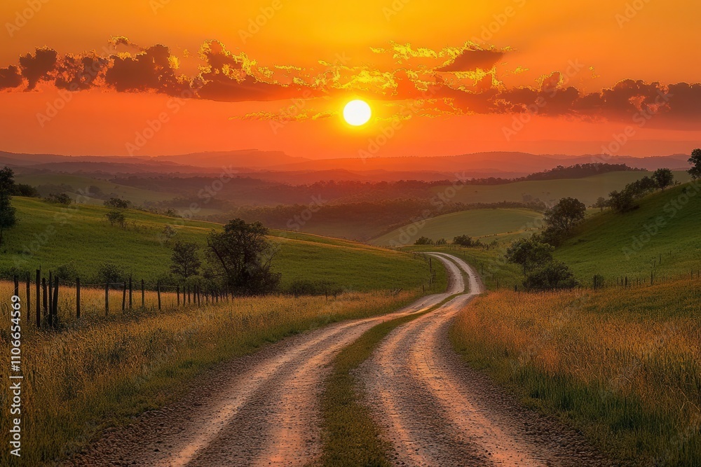 Fototapeta premium Journey to the Golden Hour: Winding Country Road Leading to a Spectacular Rural Sunset Over Rolling Hills
