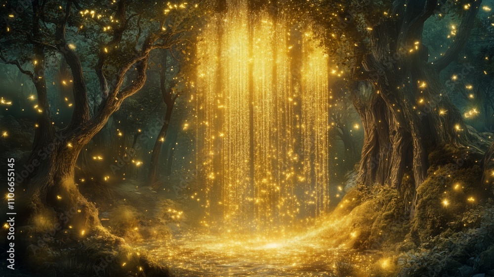 Golden glitter cascades in an enchanted forest, lit by the moon, creating a magical atmosphere.