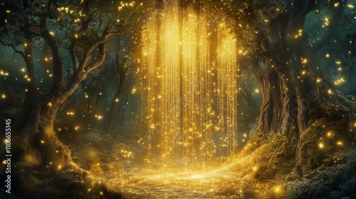 Obraz na płótnie Golden glitter cascades in an enchanted forest, lit by the moon, creating a magical atmosphere. w salonie