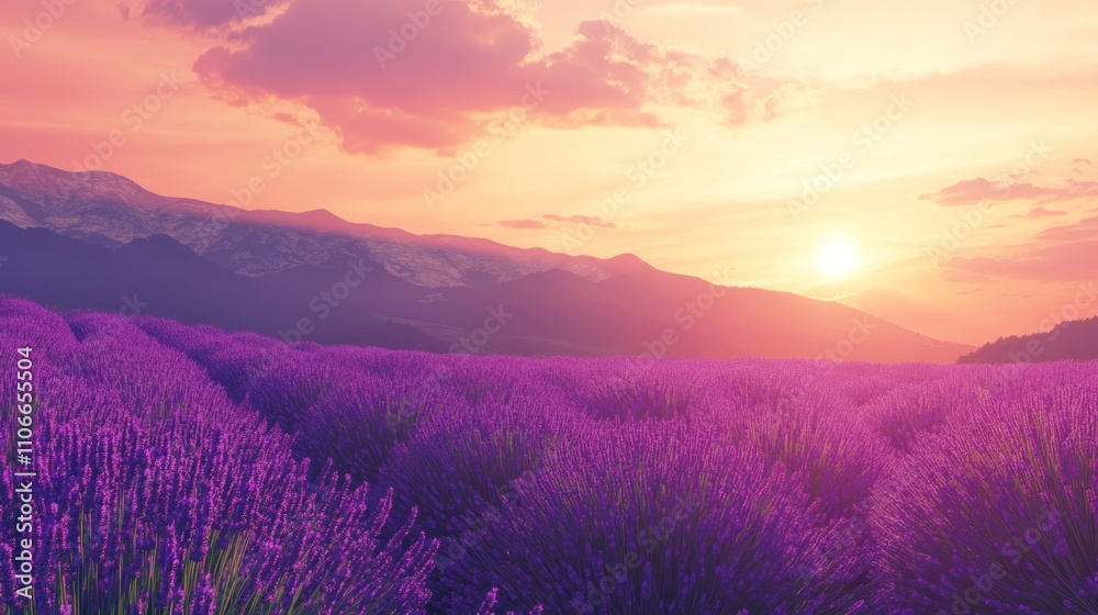 Lavender field in full bloom at sunset with mountain backdrop Lavender field in full bloom at sunset with mountain backdrop