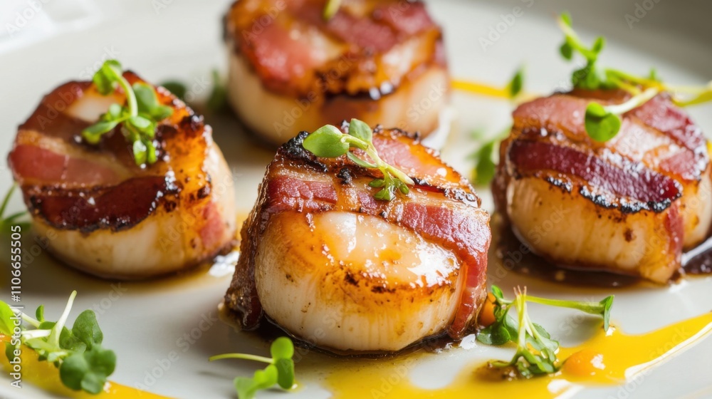 A plate of savory bacon-wrapped scallops served with a sweet and tangy orange glaze, Bacon-wrapped scallops plate centered, Warm overhead lighting accentuating their caramelized exterior