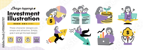 投資・資産運用・株価に関連するシニア女性のイラストアイコン_成功や失敗・計画する姿等