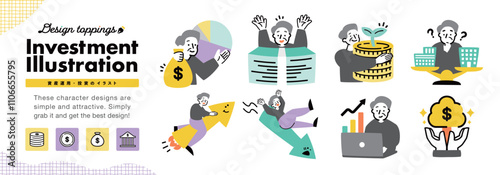 投資・資産運用・株価に関連するシニア男性のイラストアイコン_成功や失敗・計画する姿等