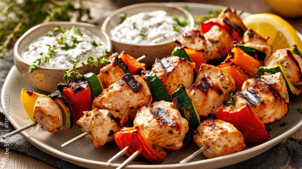 A plate of savory chicken kebabs served with tzatziki sauce and grilled vegetables, Kebabs on plate, Warm evening sunlight casting a golden hue A plate of savory chicken kebabs served with tzatziki sauce and grilled vegetables, Kebabs on plate, Warm evening sunlight casting a golden hue