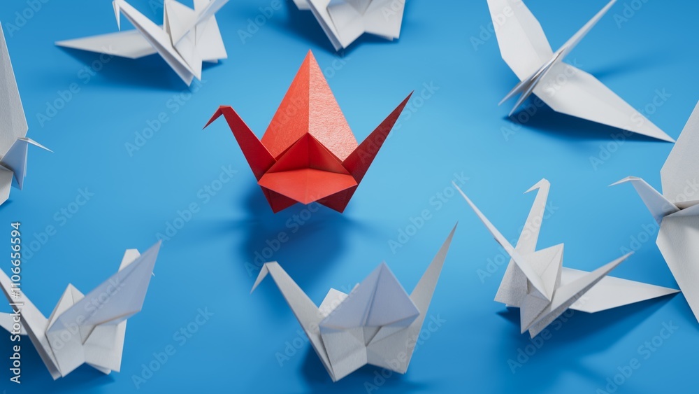 Different business concept.new ideas. paper art style. creative idea.3d illustration paper swan and leader swan concept.3D rendering on blue background. Different business concept.new ideas. paper art style. creative idea.3d illustration paper swan and leader swan concept.3D rendering on blue background.