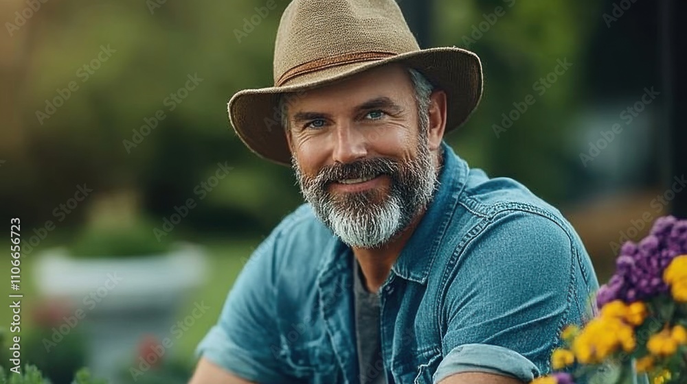 Smiling Gardener in a Colorful Flower Garden Smiling Gardener in a Colorful Flower Garden