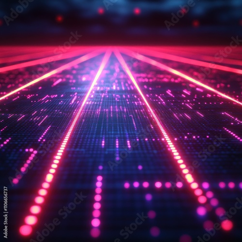 A digital landscape featuring vibrant neon lines and dots, evoking a futuristic aesthetic.