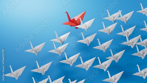 Different business concept.new ideas. paper art style. creative idea.leader swan concept, red paper swan leading among white.3D rendering on blue background.