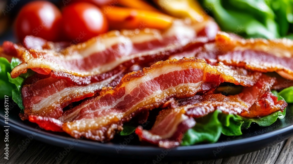 Crispy Bacon Strips on Fresh Green Lettuce with Cherry Tomatoes Crispy Bacon Strips on Fresh Green Lettuce with Cherry Tomatoes