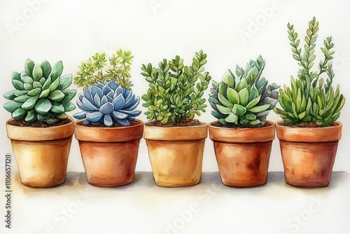 hand-painted watercolor collection of indoor plants in terracotta pots, showcasing a diverse array of vibrant foliage and succulents, perfect for home decor and garden design inspiration