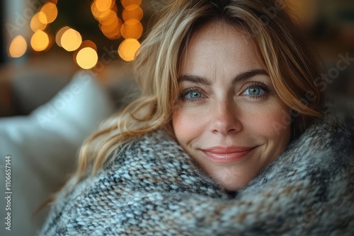 happy 50-year-old woman relaxing on a cozy sofa, looking at the camera with a bright smile, showcasing the joy and contentment of life, with soft lighting and inviting home decor in the background