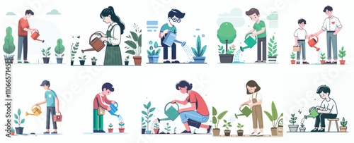 Vector set of a teenager watering plants in a simple flat design style