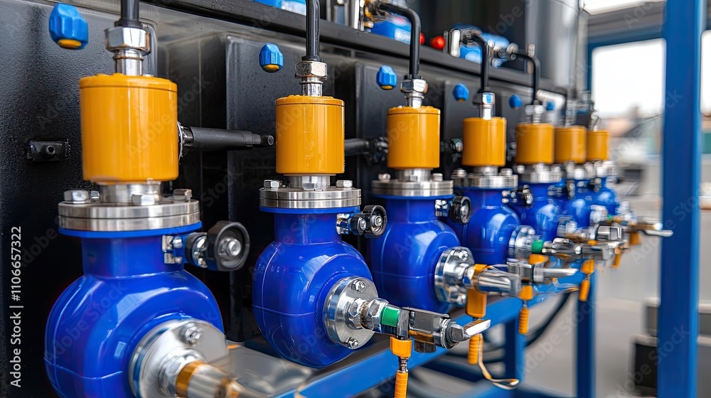 Chemical industry materials concept. A close-up view of industrial valves and fittings, showcasing blue and orange components in a well-organized piping system. Chemical industry materials concept. A close-up view of industrial valves and fittings, showcasing blue and orange components in a well-organized piping system.