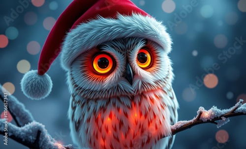 owl christmas Christmas fantasy with glowing colors, enigmatic owl in santa hat on snowy branch, stock photo  animal, decoration, season, bird photo