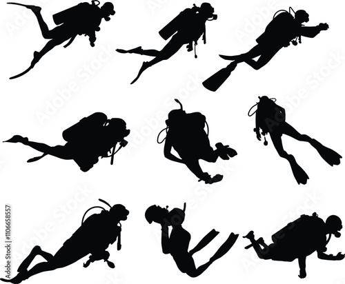 Set of scuba diving silhouette illustration