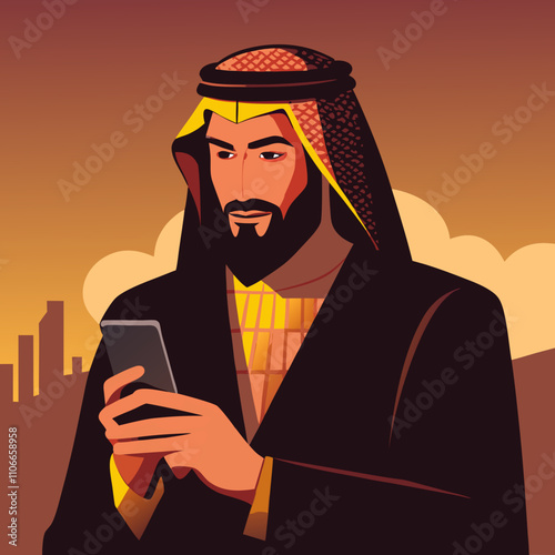 Handsome Saudi Arab business man wearing keffiyeh holding phone