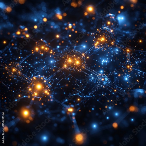 A digital representation of interconnected nodes and particles in a cosmic-like environment.