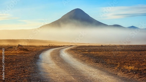 Serene Landscape with Mountain Peak and Misty Road at Sunrise