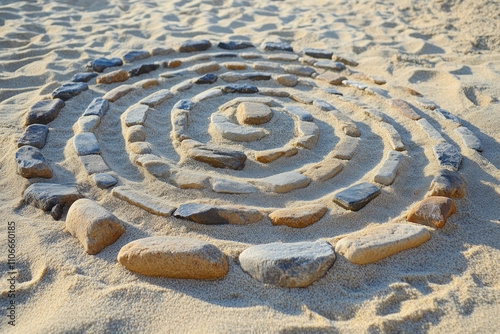 Spiral of rocks nestled on sandy beach under clear skies, symbolizing balance and zen in nature.