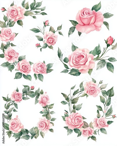 Explore unique hand-painted watercolor floral frames with pink roses, perfect for greeting cards.
