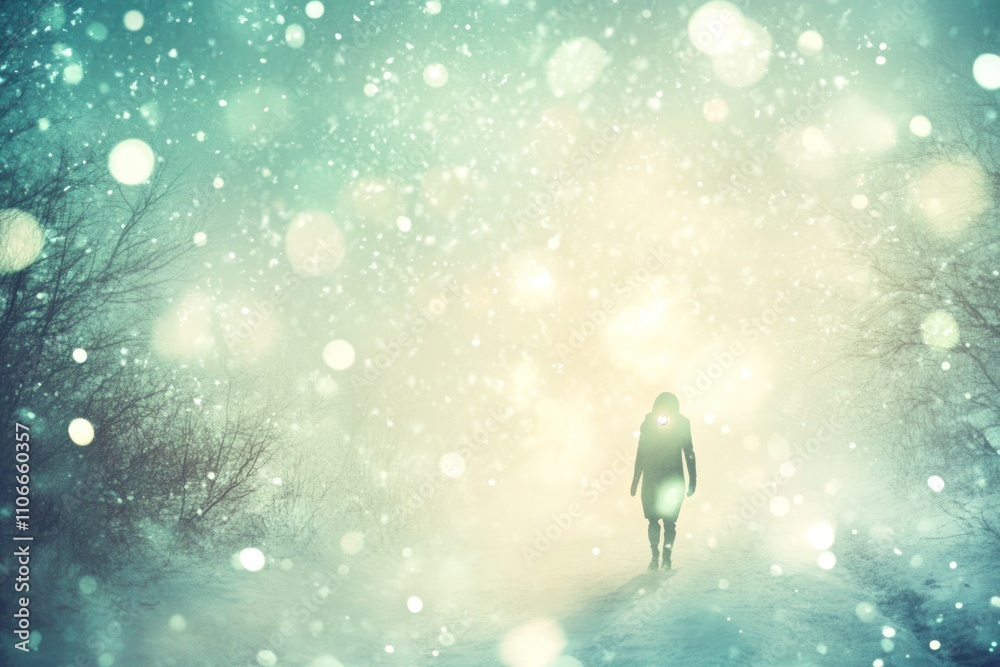 A solitary figure walking through a snowy landscape, surrounded by falling snowflakes. A solitary figure walking through a snowy landscape, surrounded by falling snowflakes.