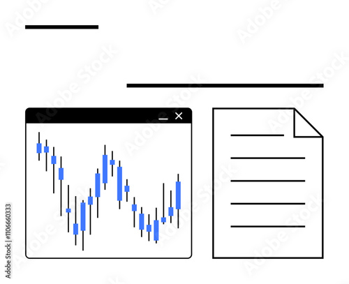 Computer screen displaying a candlestick chart, paper with text lines. Ideal for financial reports, stock market analysis, investment reviews, business presentations, economic studies, data tracking