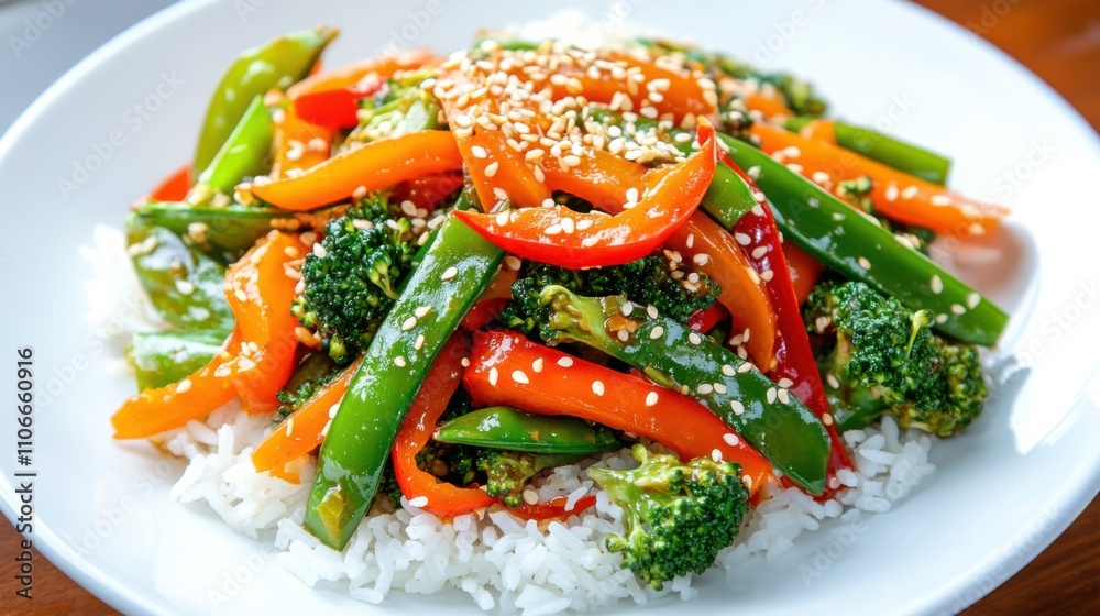 A plate of vibrant vegetable stir-fry featuring bell peppers, broccoli, carrots A plate of vibrant vegetable stir-fry featuring bell peppers, broccoli, carrots