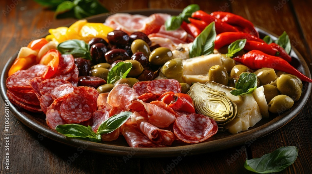 A platter of assorted antipasto including cured meats, marinated olives, roasted peppers